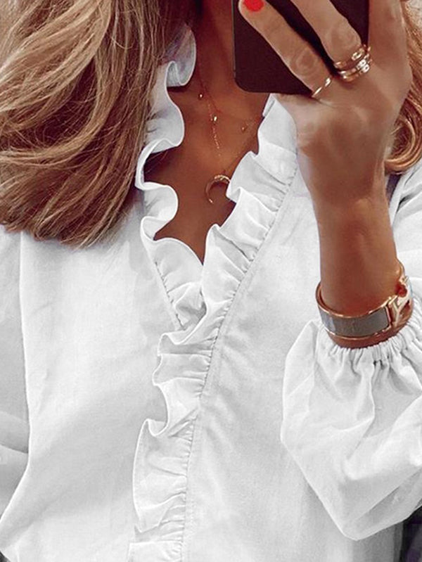 Women's V-Neck Long Sleeve Blouse with Ruffle Trim and Puff Sleeves