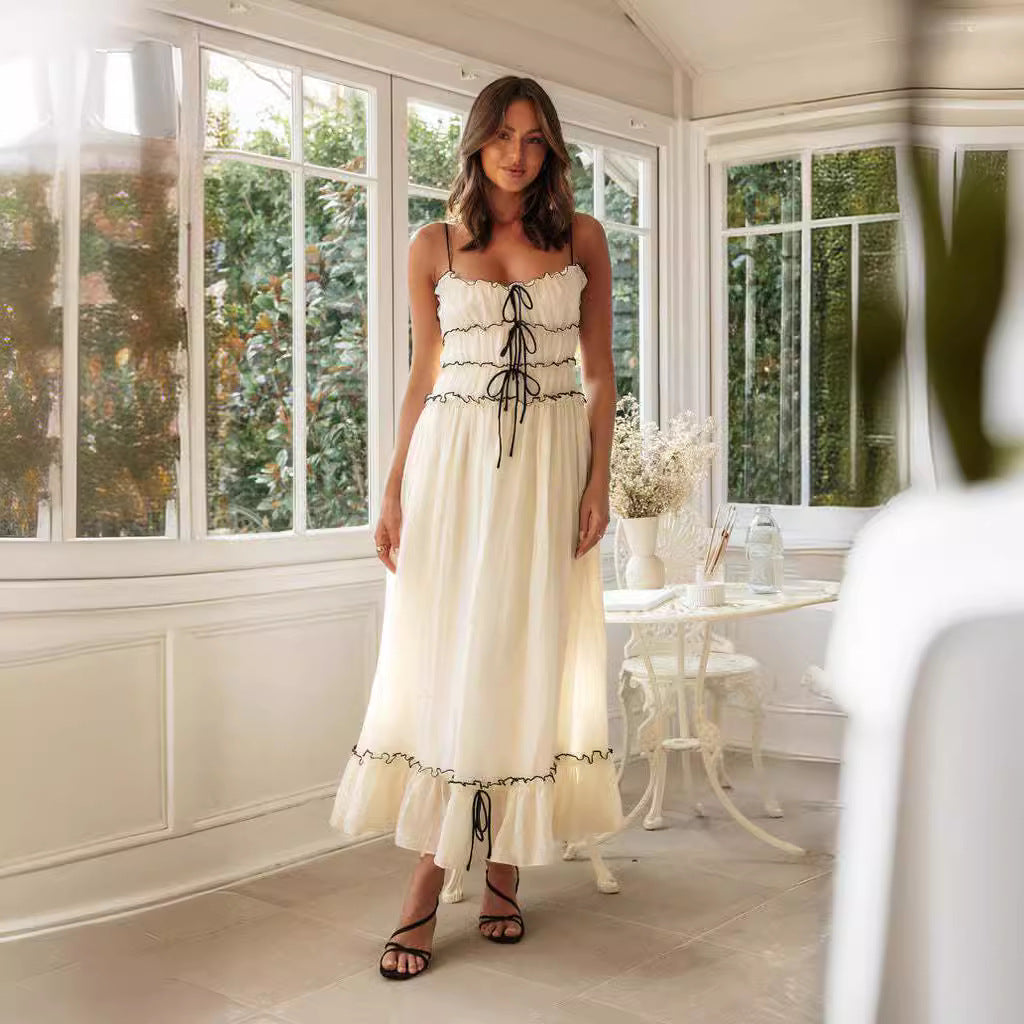Women's Ruffle Trim Maxi Dress with Lace-Up Front and Spaghetti Straps
