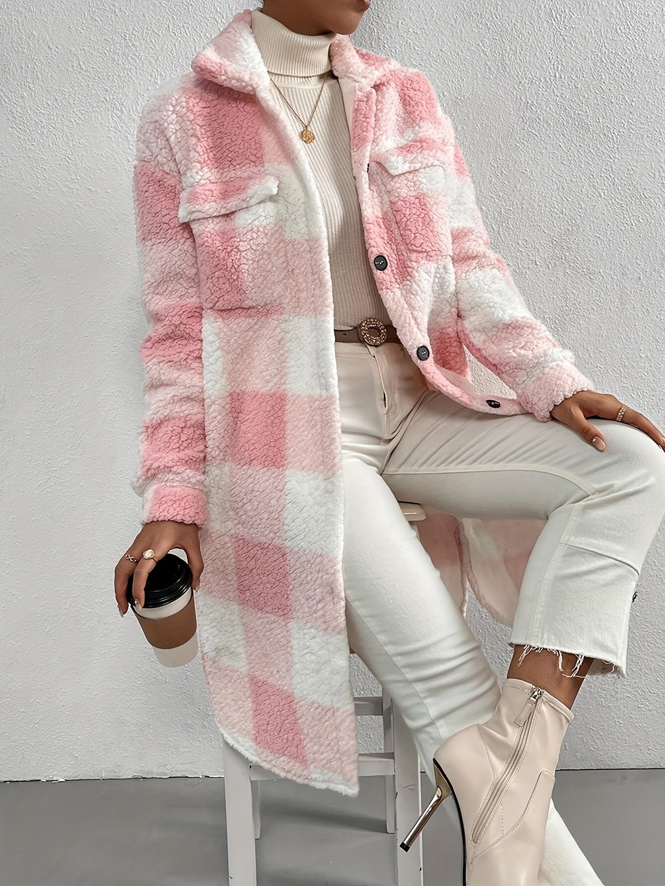 Women's Long Plaid Teddy Fleece Coat with Button Front and Pockets