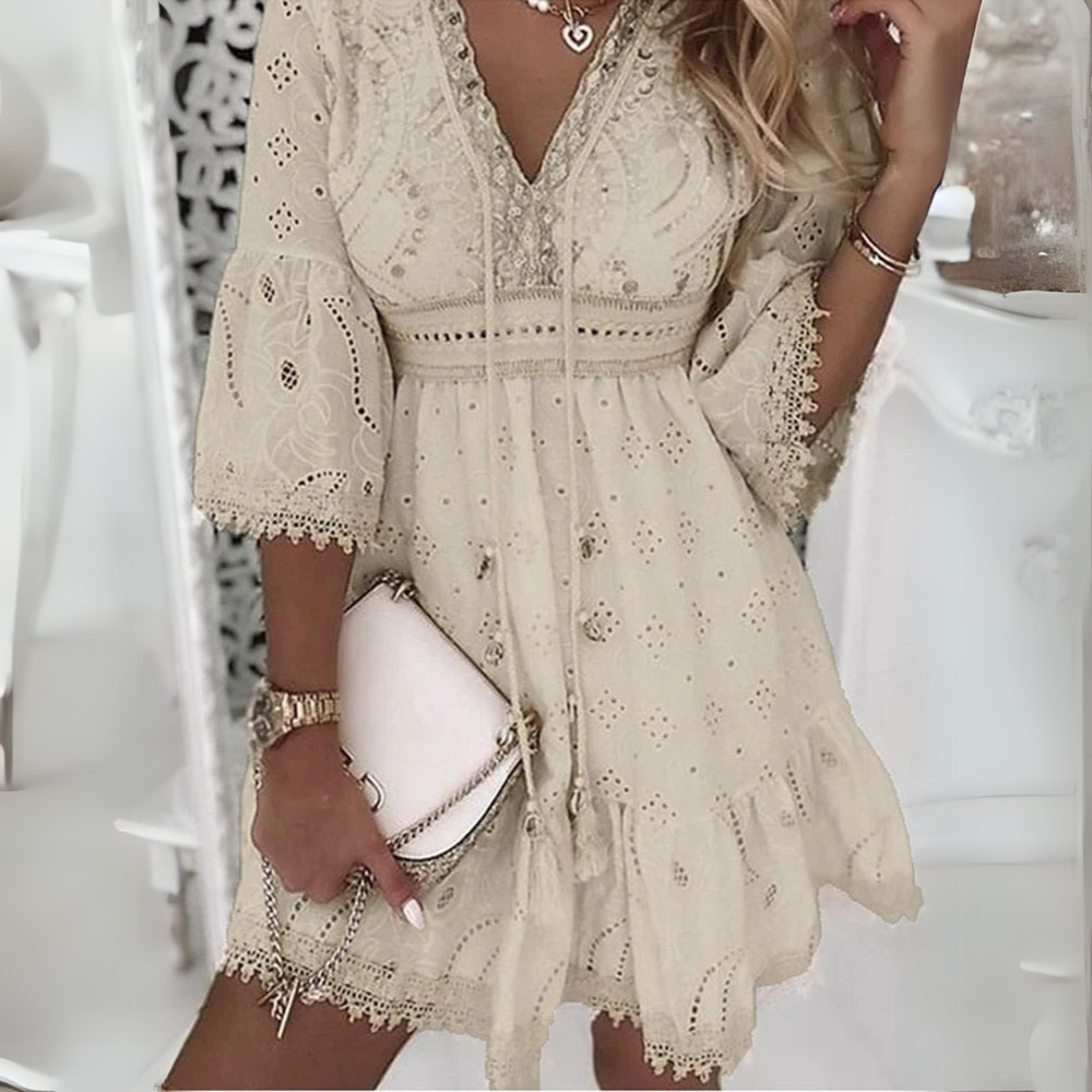 Women's Boho Mini Dress with Bell Sleeves and Embroidered Details