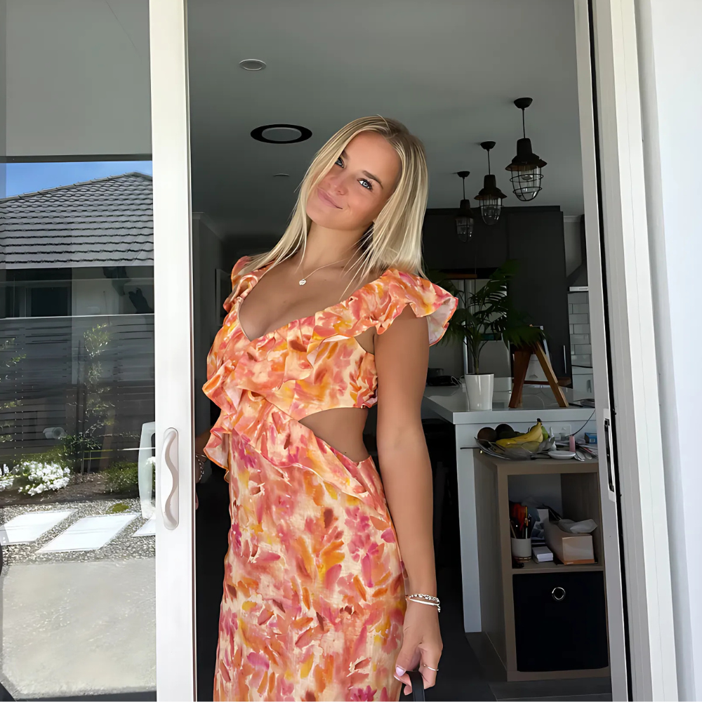 Women's Ruffle Cut-Out Maxi Dress with V-Neck