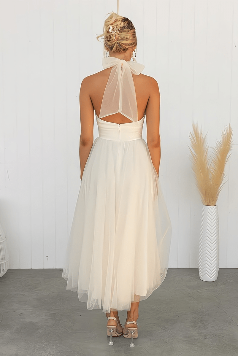 Women's Halter Neck Tulle Dress with Fitted Waist and Mid Length Skirt