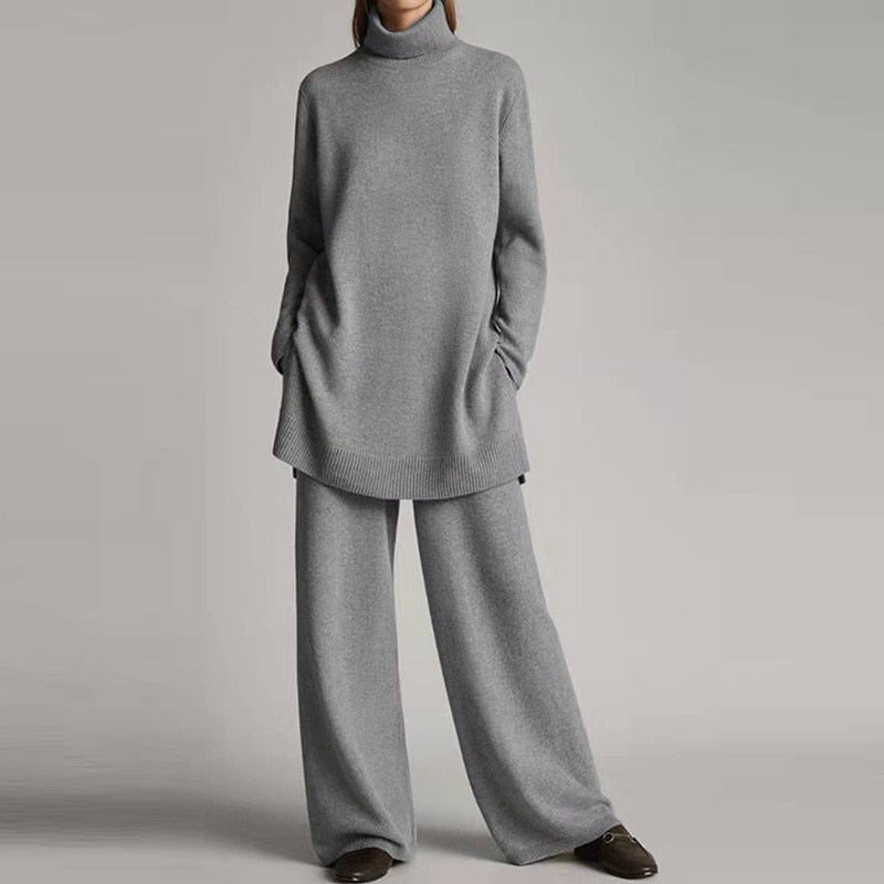 Women's 2-Piece Turtleneck Loungewear Set with Wide-Leg Pants