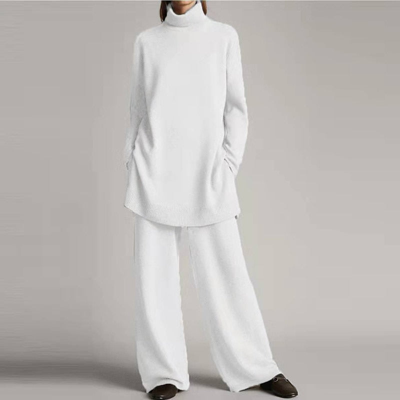 Women's 2-Piece Turtleneck Loungewear Set with Wide-Leg Pants