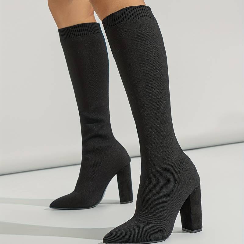 Women's Knee High Sock Boots with Pointed Toe and Block Heel