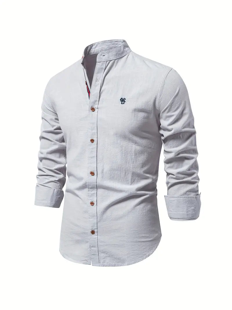 Men's Long-Sleeve Button-Up Shirt with Mandarin Collar and Logo