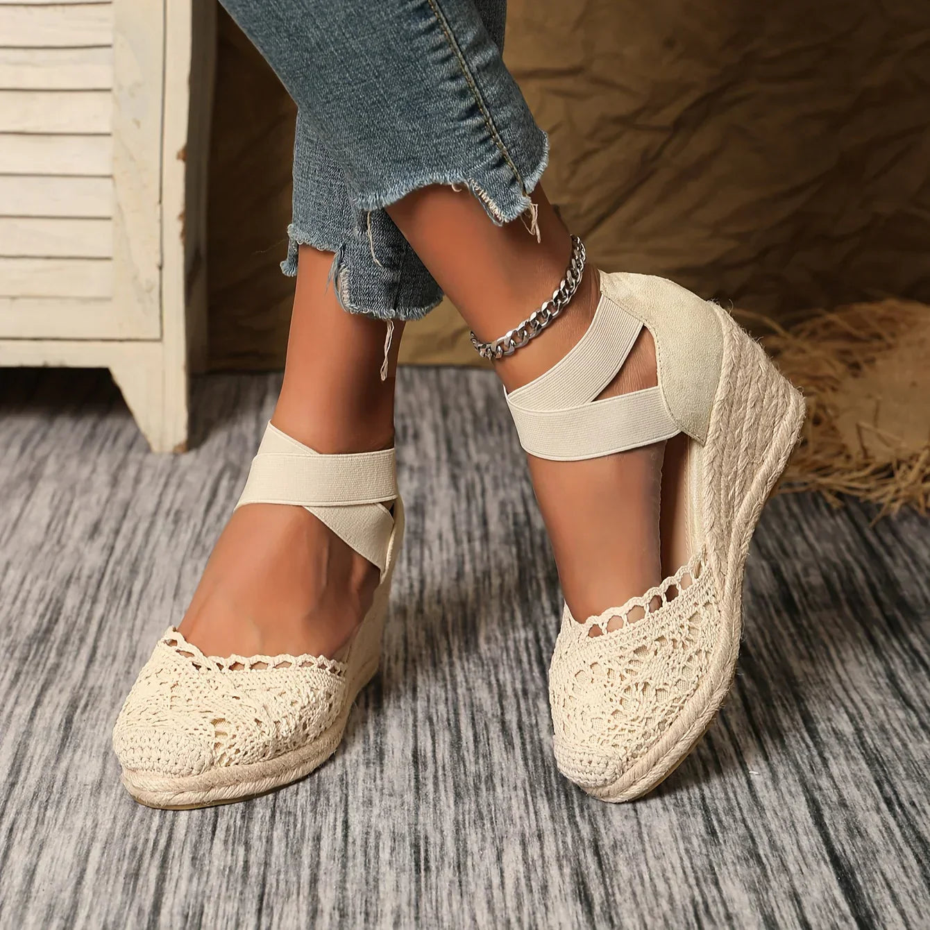 Women's Wedge Espadrille Sandals with Crochet Detail and Straps