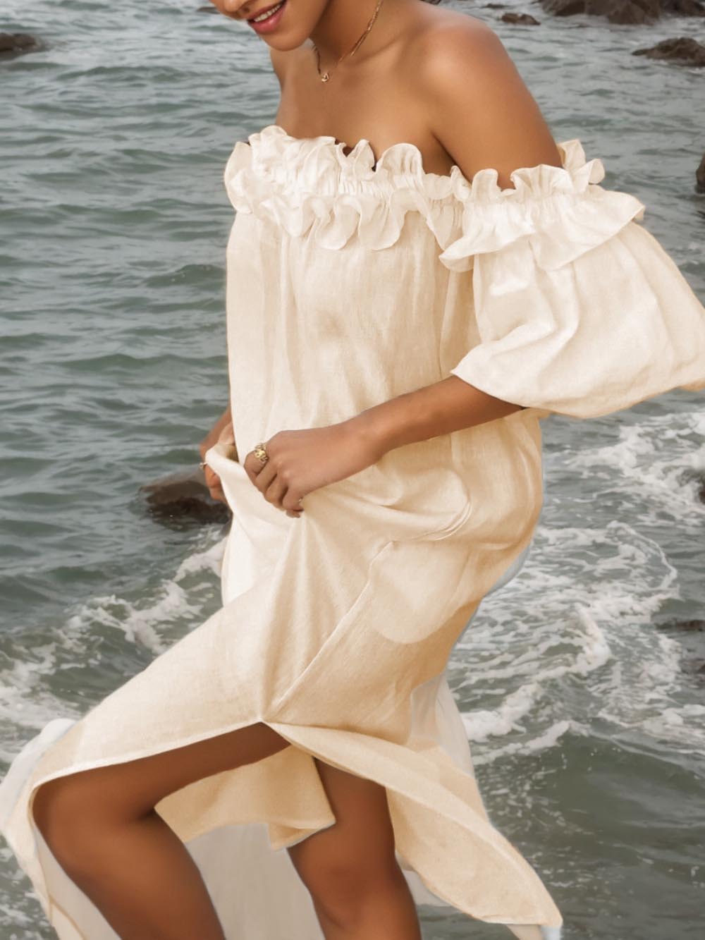 Women's Off-Shoulder Maxi Dress with Ruffle Trim and Puff Sleeves