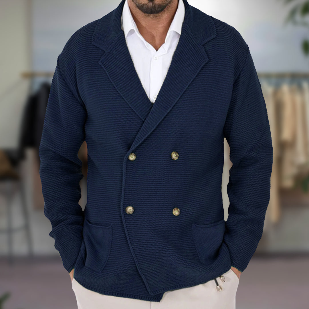 Men's Knit Cardigan with Double-Breasted Front and Blazer Lapel