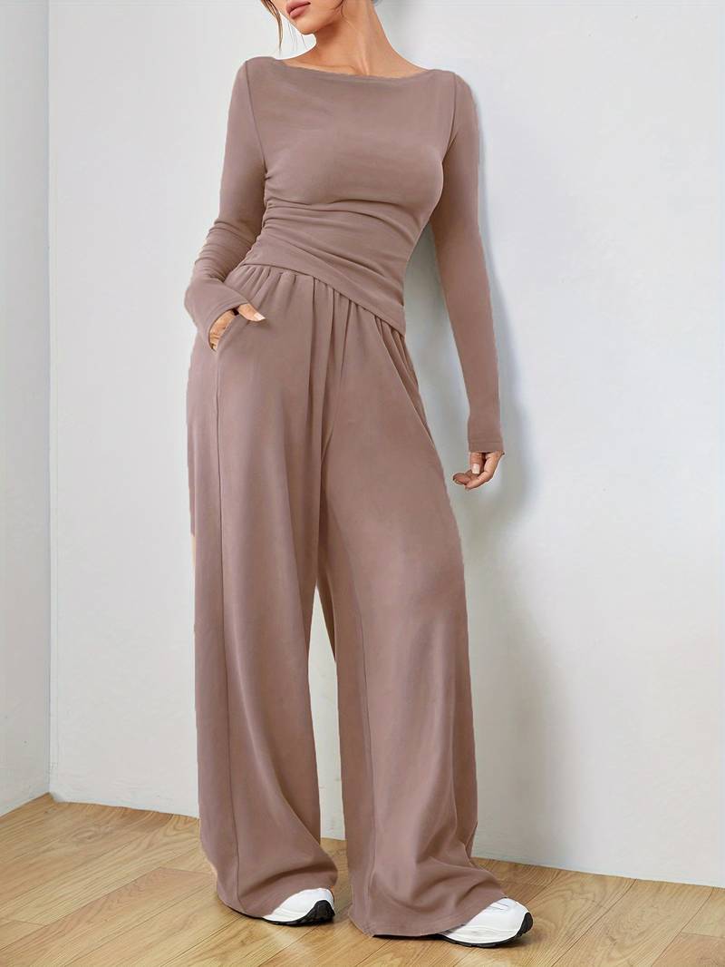 Women's Casual Long Sleeve Shirt and Wide-Leg Pants Set