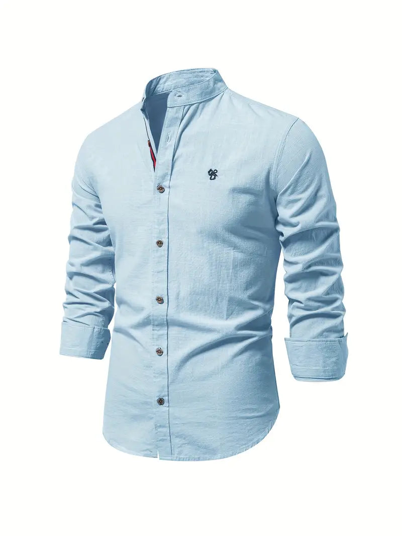 Men's Long-Sleeve Button-Up Shirt with Mandarin Collar and Logo