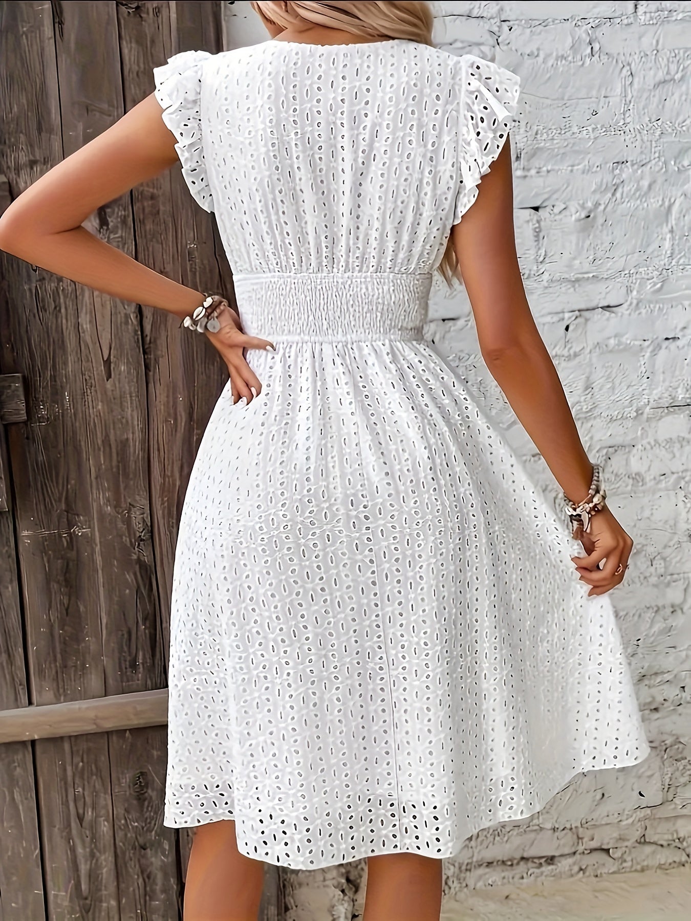 Women's Eyelet Midi Dress with Flutter Sleeves and Smocked Waist