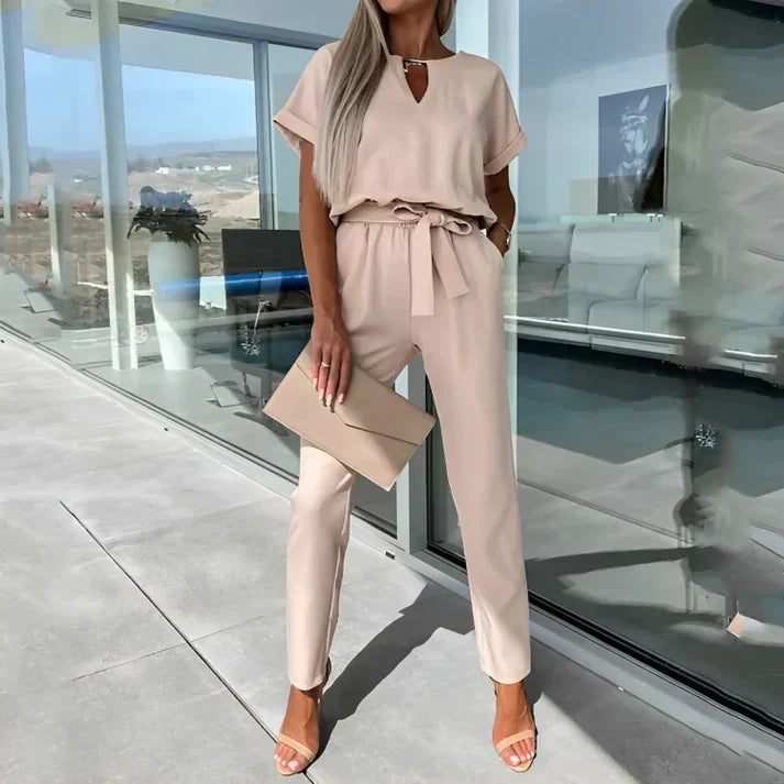 Women's Elegant Short Sleeve Jumpsuit with Waist Tie