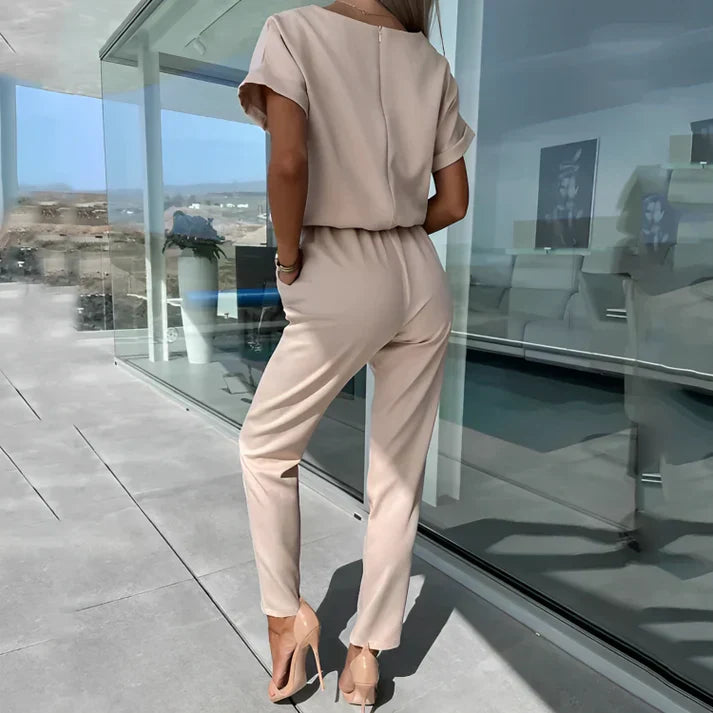 Women's Elegant Short Sleeve Jumpsuit with Waist Tie