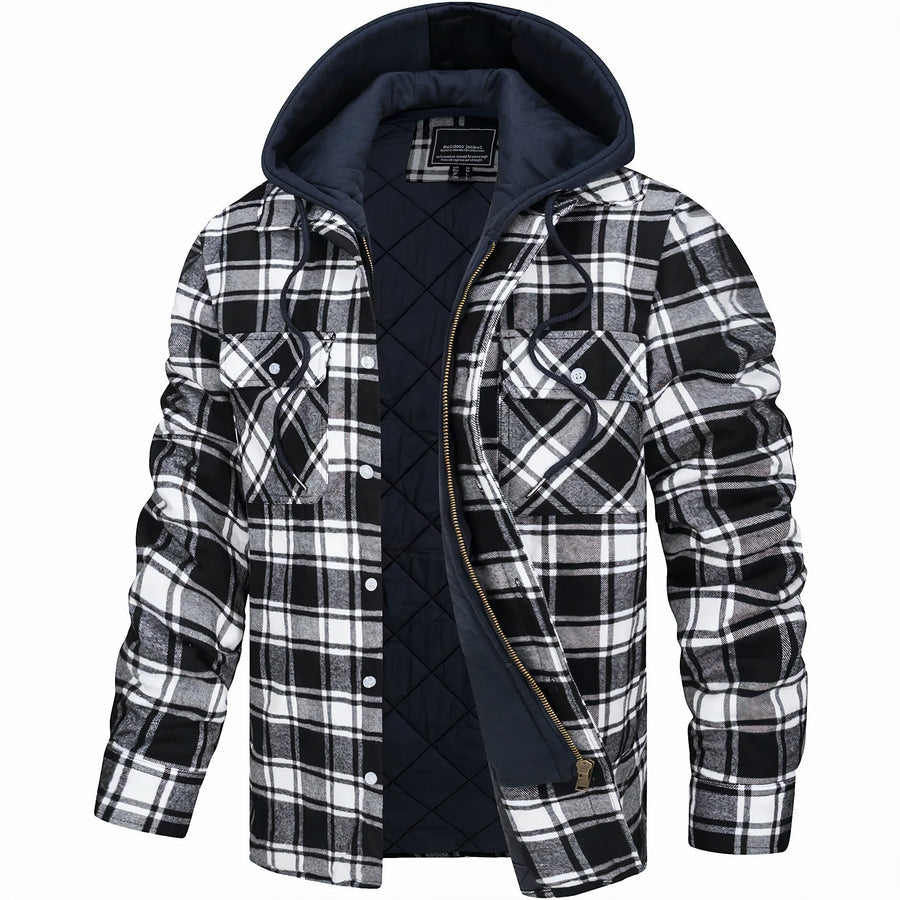 Men's Plaid Hooded Bomber Jacket with Quilted Lining