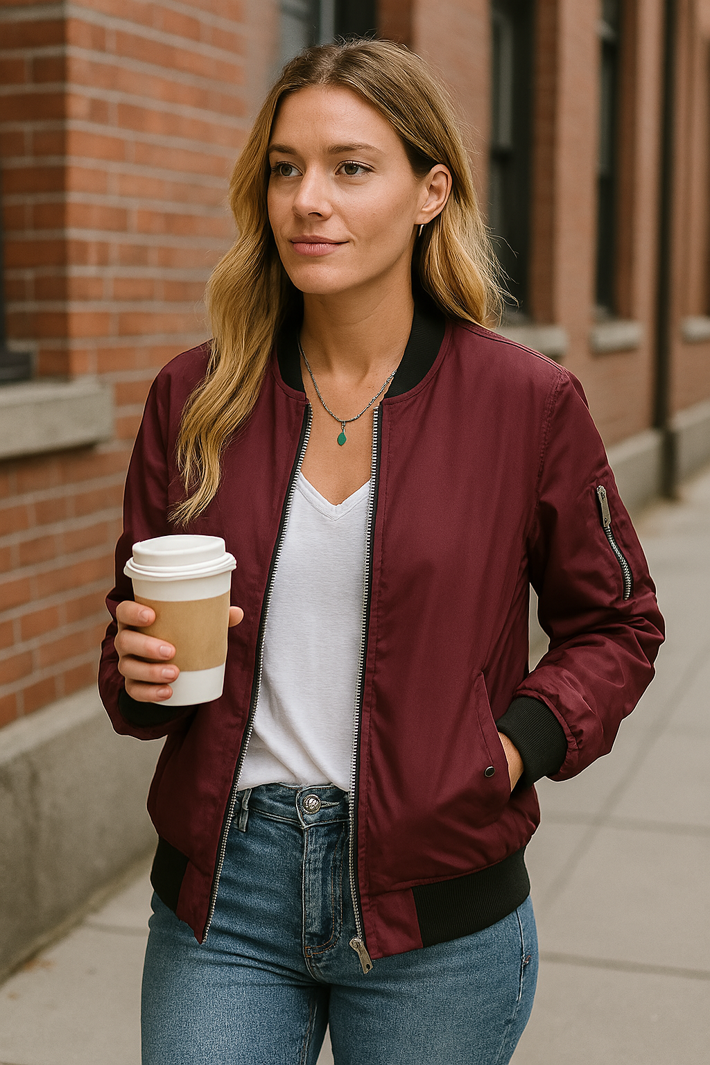 Women's Zip-Up Bomber Jacket with Utility Sleeve Pocket Detail