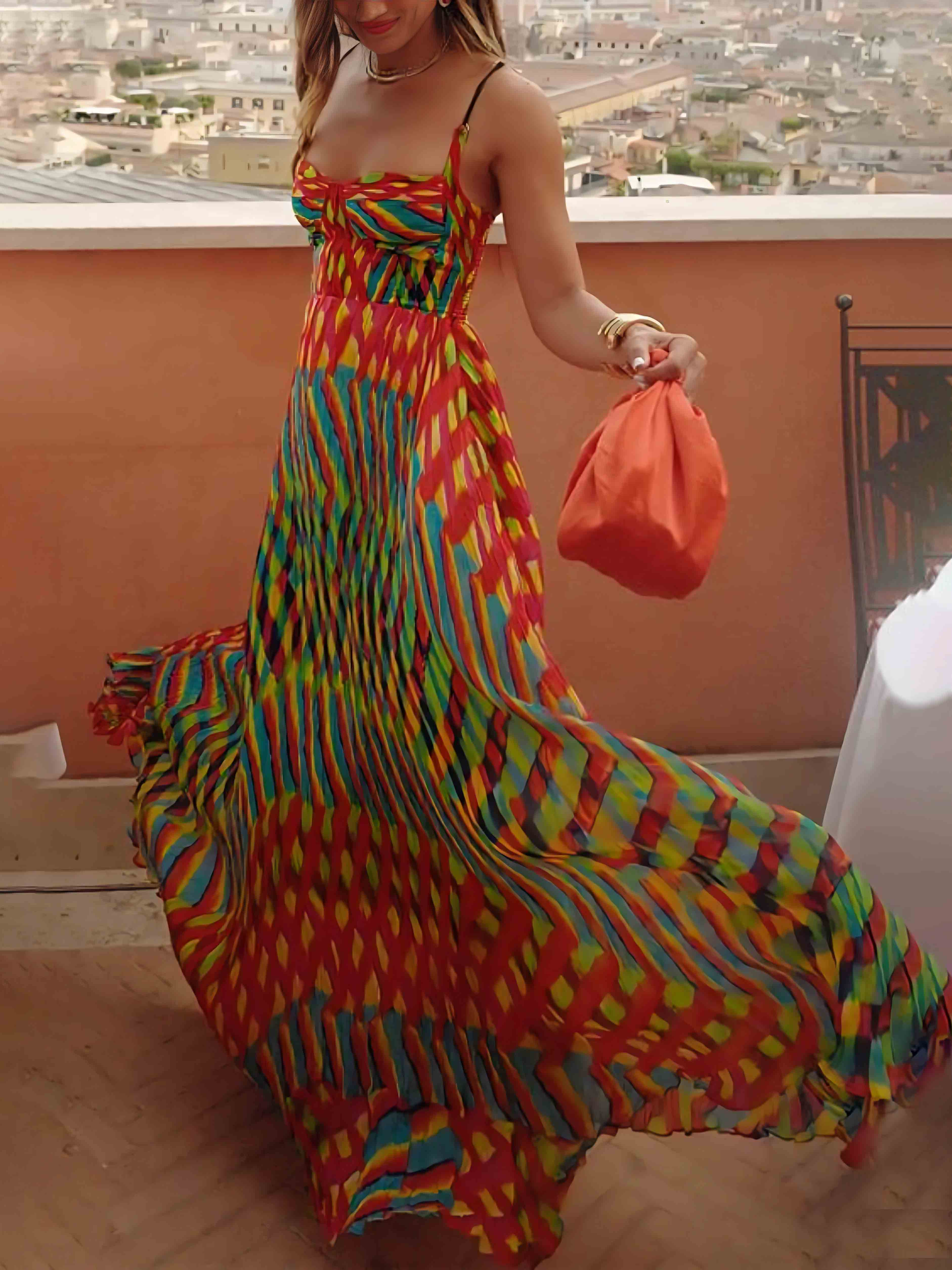 Women's Spaghetti Strap Maxi Dress with Multicolor Print and A-Line Silhouette