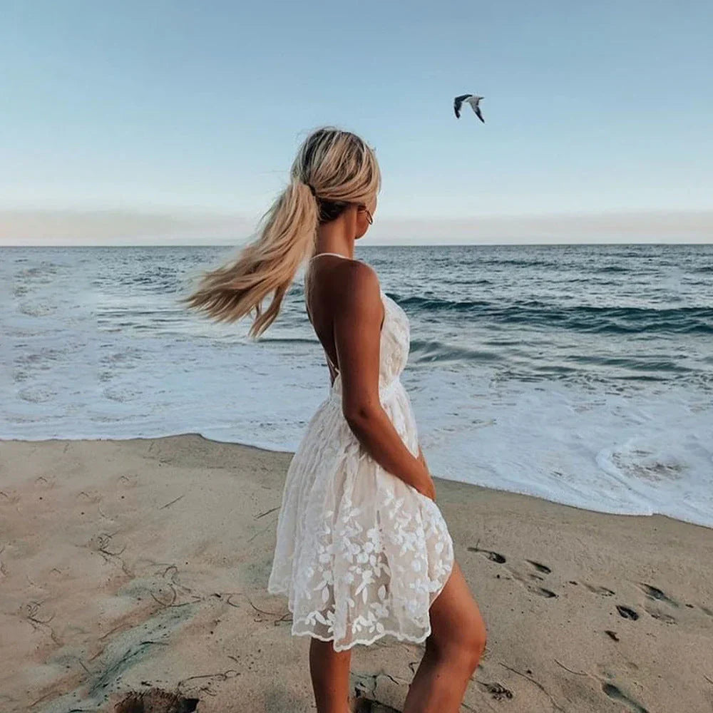 Women's Lace Mini Dress with Adjustable Straps and Floral Embroidery