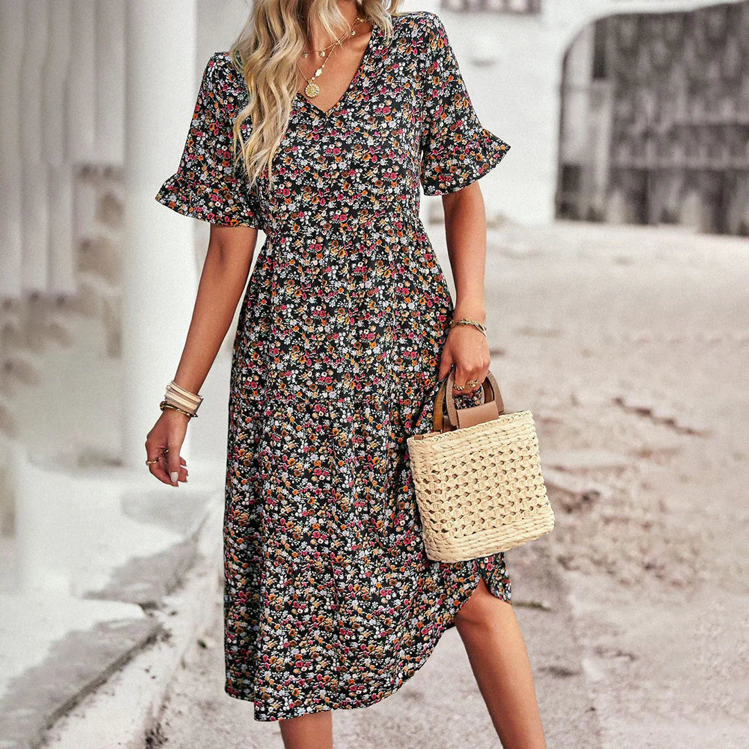 Women's Floral Midi Dress with Short Sleeves and V-Neck Design