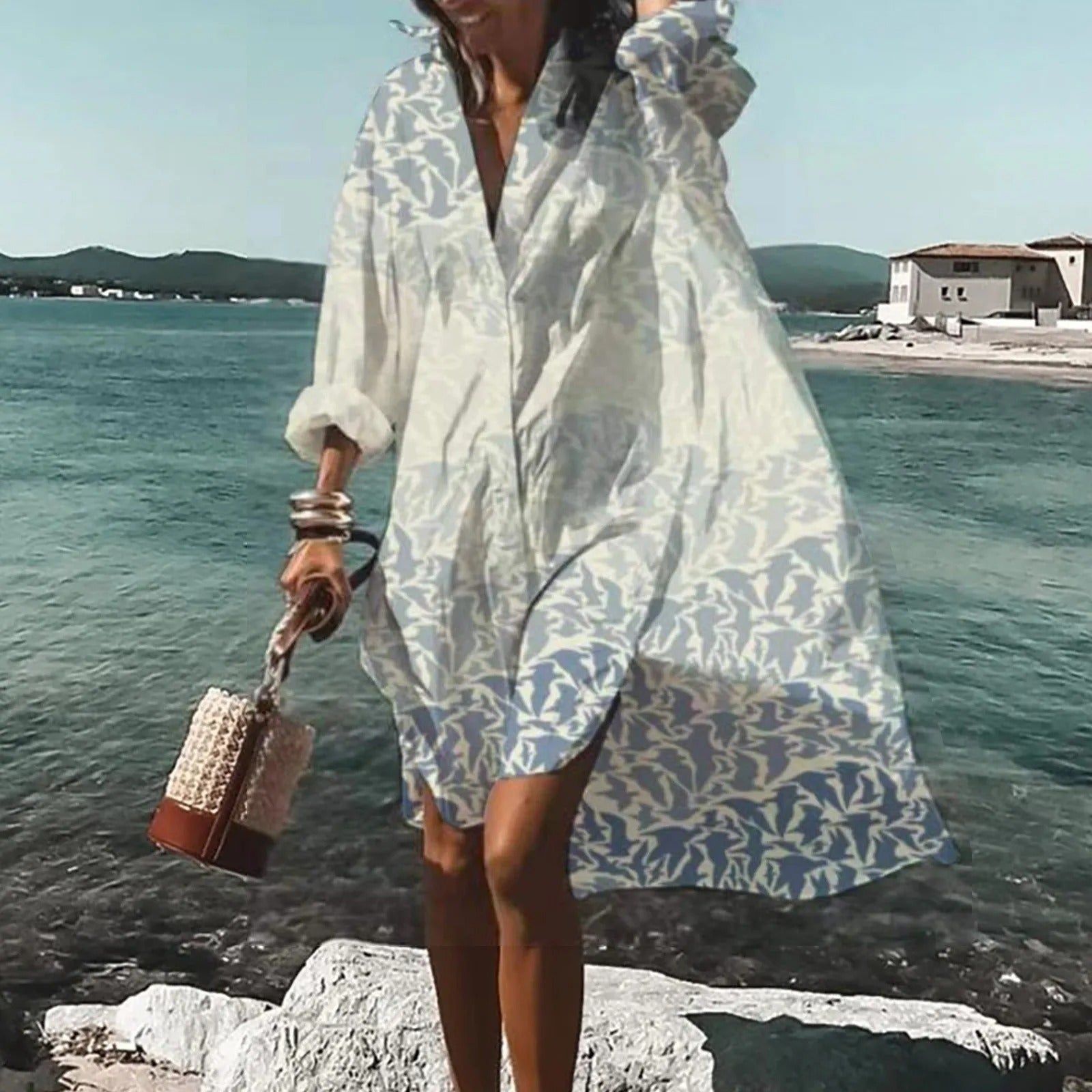 Women's Oversized Shirt Dress with Artistic Print and Button Front