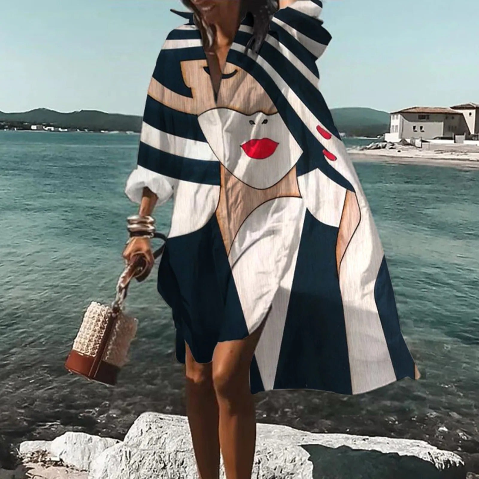 Women's Oversized Shirt Dress with Artistic Print and Button Front