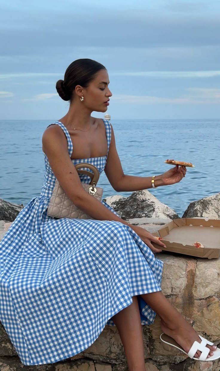 Women's Gingham Maxi Dress with Smocked Bodice and Straps