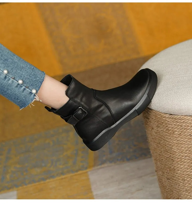 Women’s Mid-Ankle Boots with Side Buckle and Flat Comfort Sole
