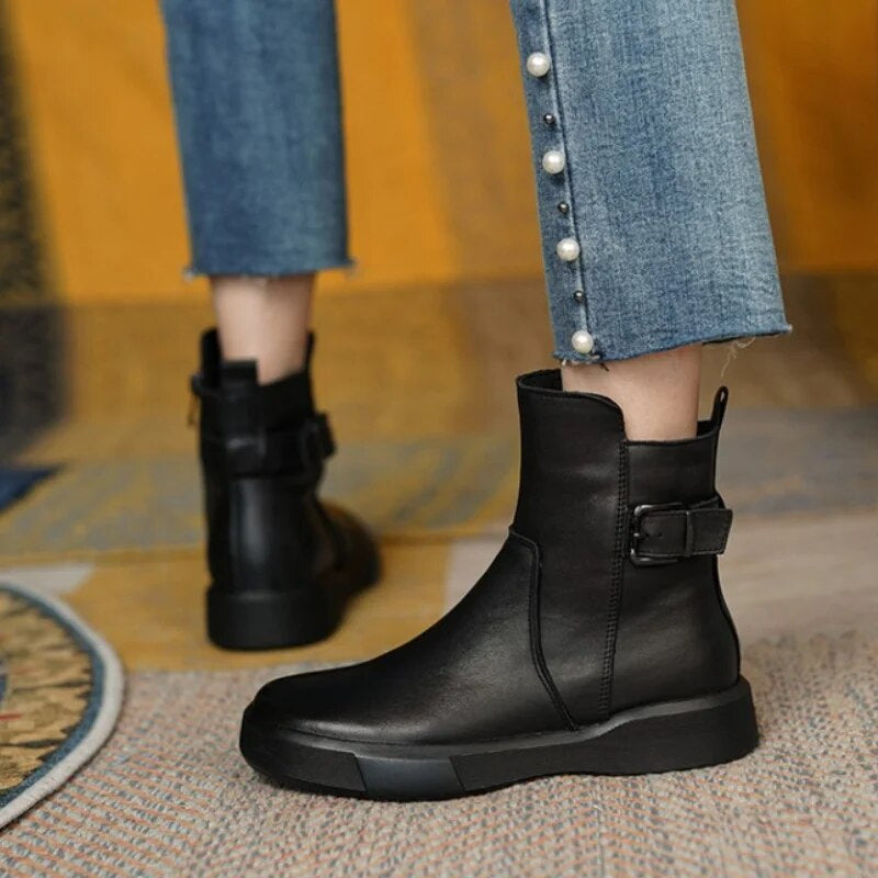 Women’s Mid-Ankle Boots with Side Buckle and Flat Comfort Sole