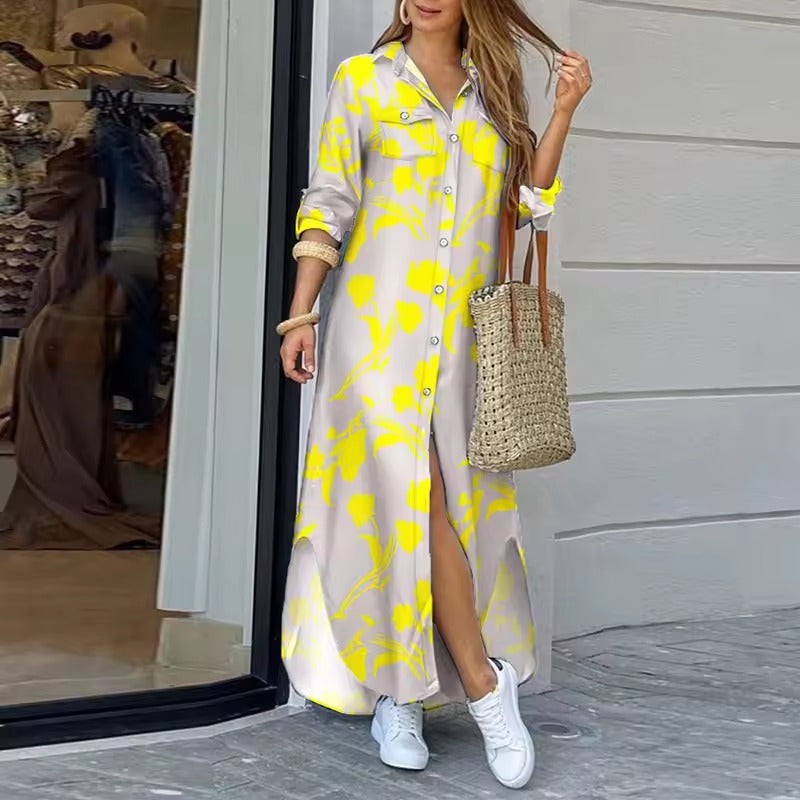 Women's Long Denim Print Shirt Maxi Dress with Button Front and Pockets