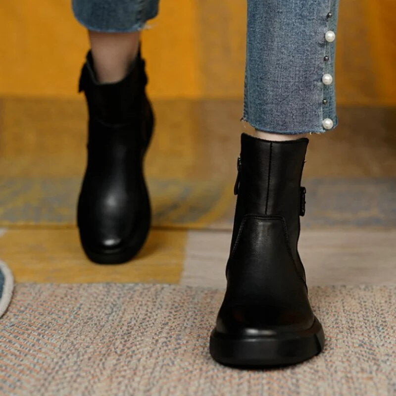 Women’s Mid-Ankle Boots with Side Buckle and Flat Comfort Sole