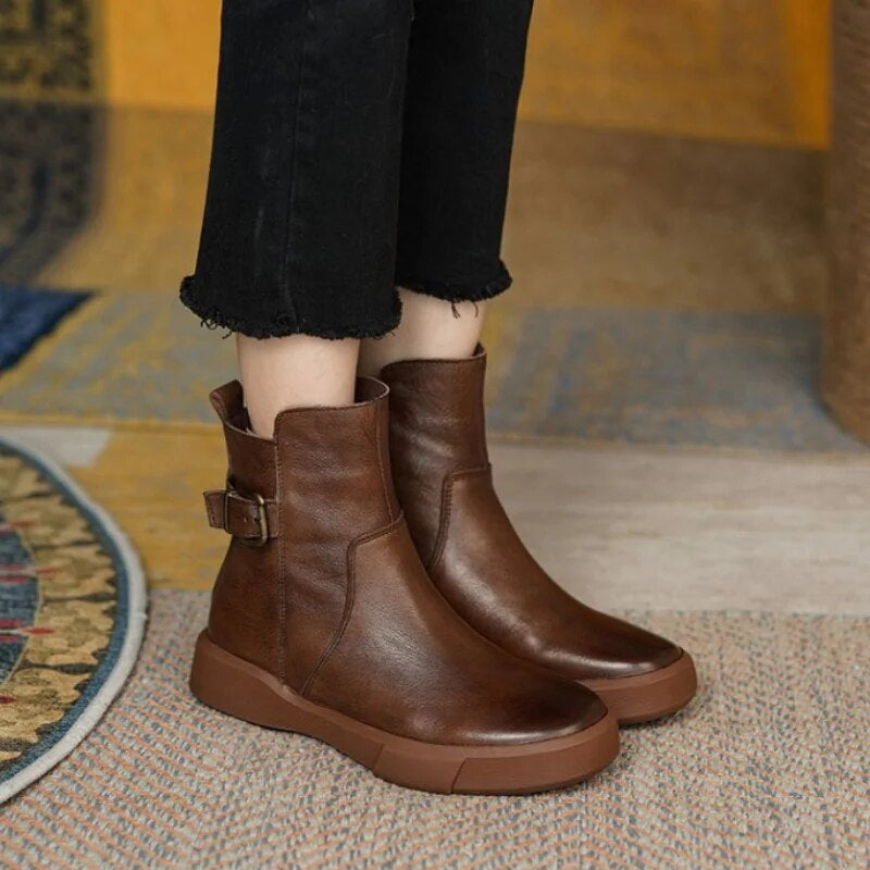 Women’s Mid-Ankle Boots with Side Buckle and Flat Comfort Sole