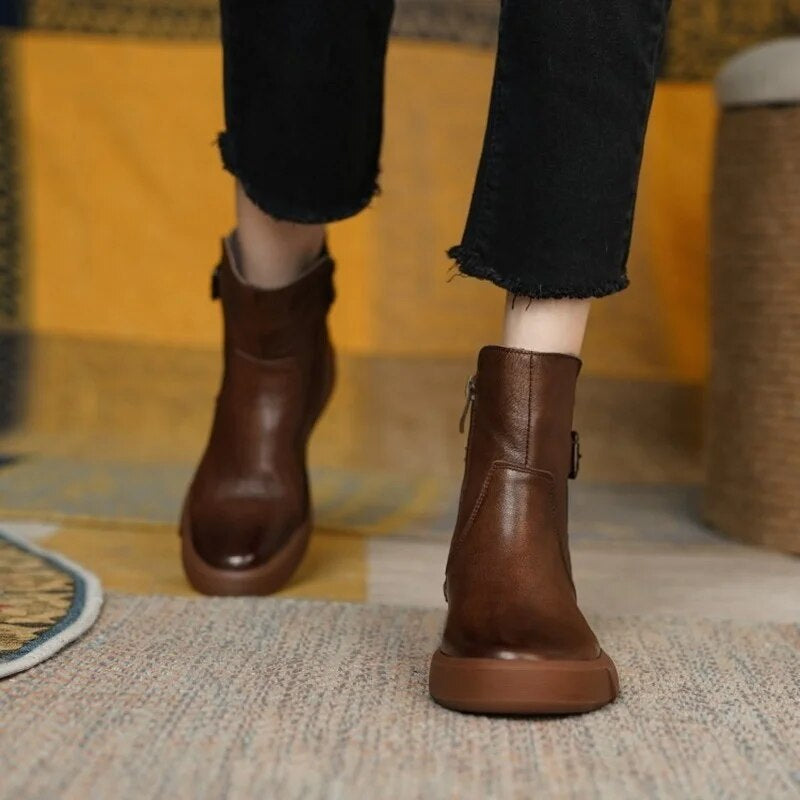 Women’s Mid-Ankle Boots with Side Buckle and Flat Comfort Sole