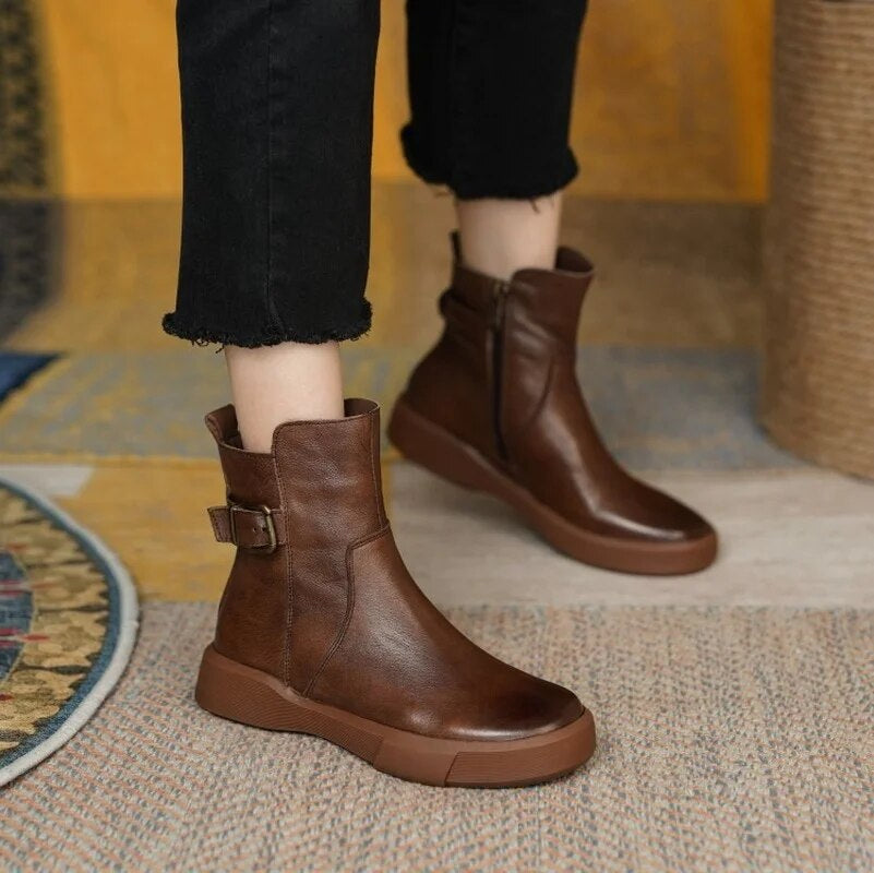 Women’s Mid-Ankle Boots with Side Buckle and Flat Comfort Sole