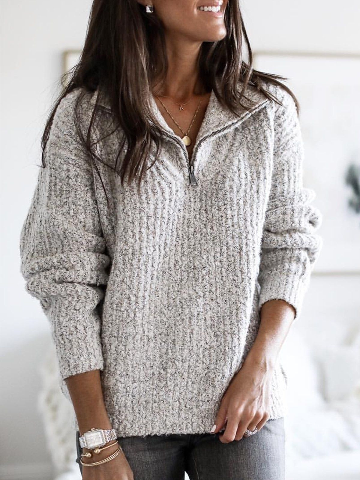 Women's Half Zip Jumper with Textured Knit Stand Collar Relaxed Fit