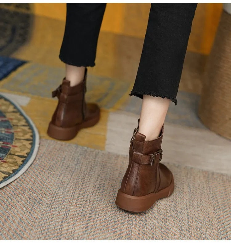 Women’s Mid-Ankle Boots with Side Buckle and Flat Comfort Sole