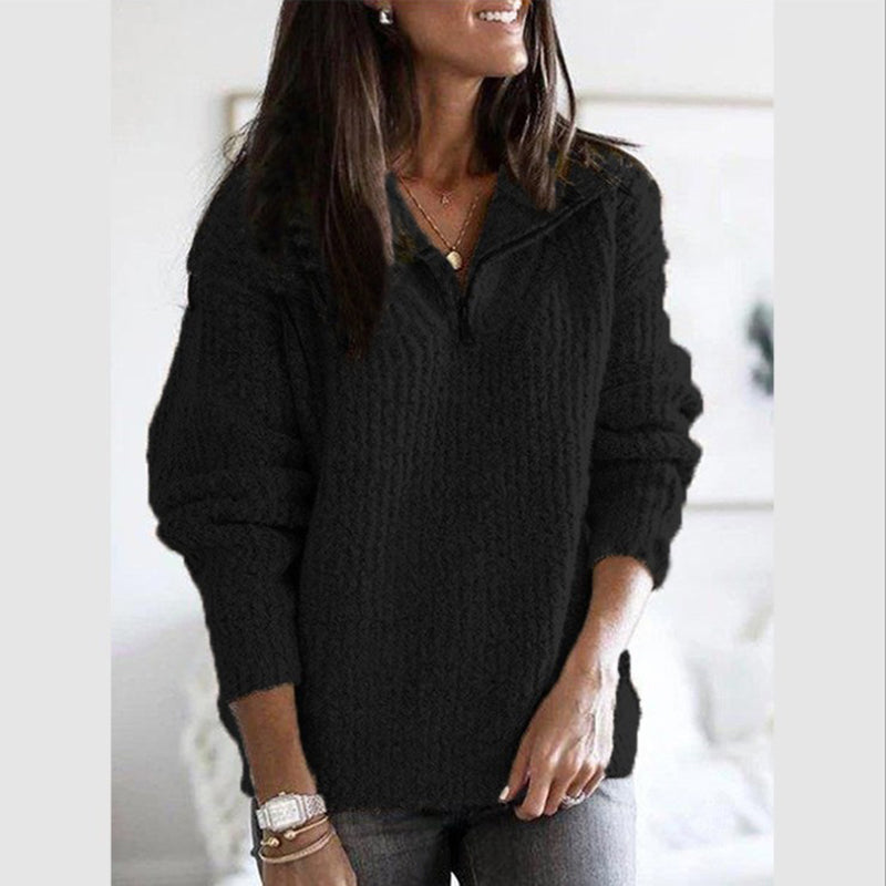 Women's Half Zip Jumper with Textured Knit Stand Collar Relaxed Fit