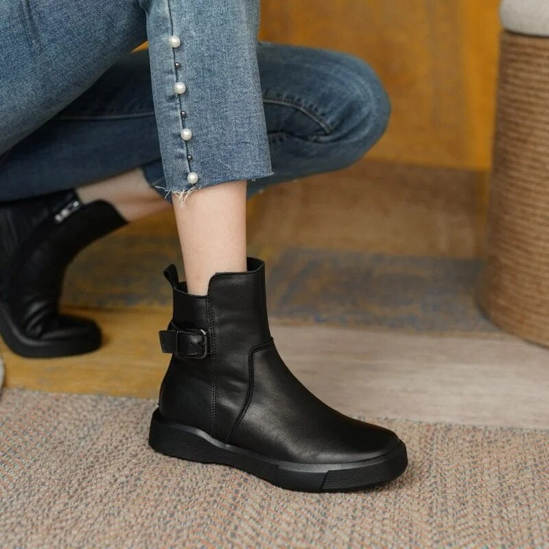Women’s Mid-Ankle Boots with Side Buckle and Flat Comfort Sole