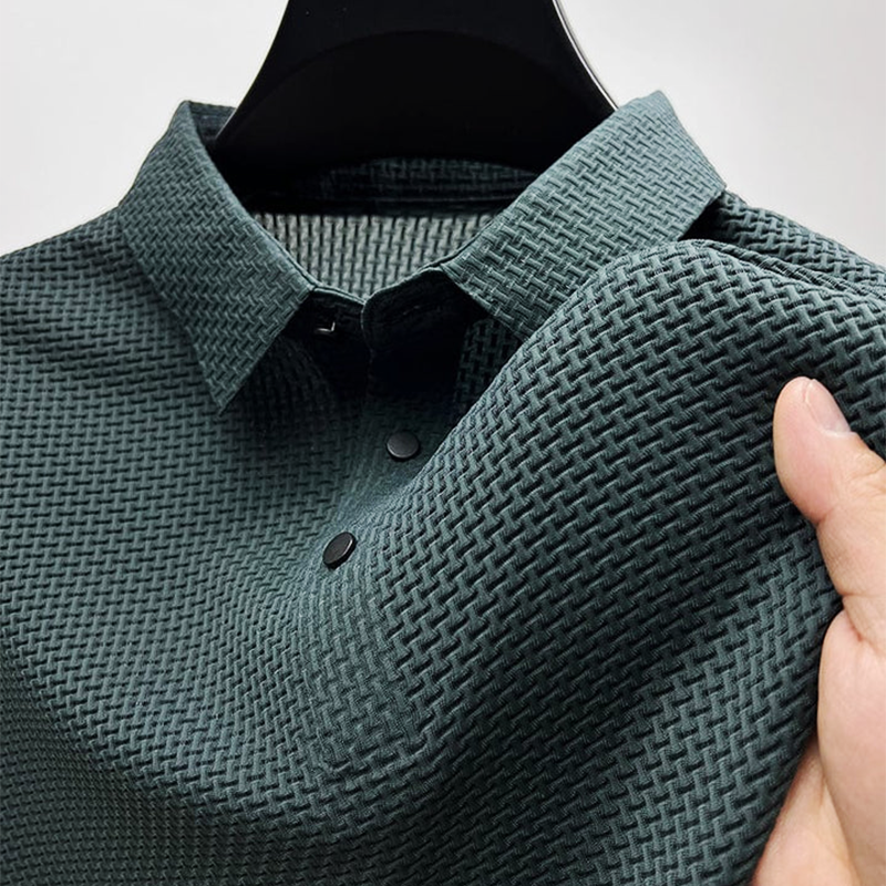 Men's Textured Short Sleeve Polo Shirt with Modern Button Detail