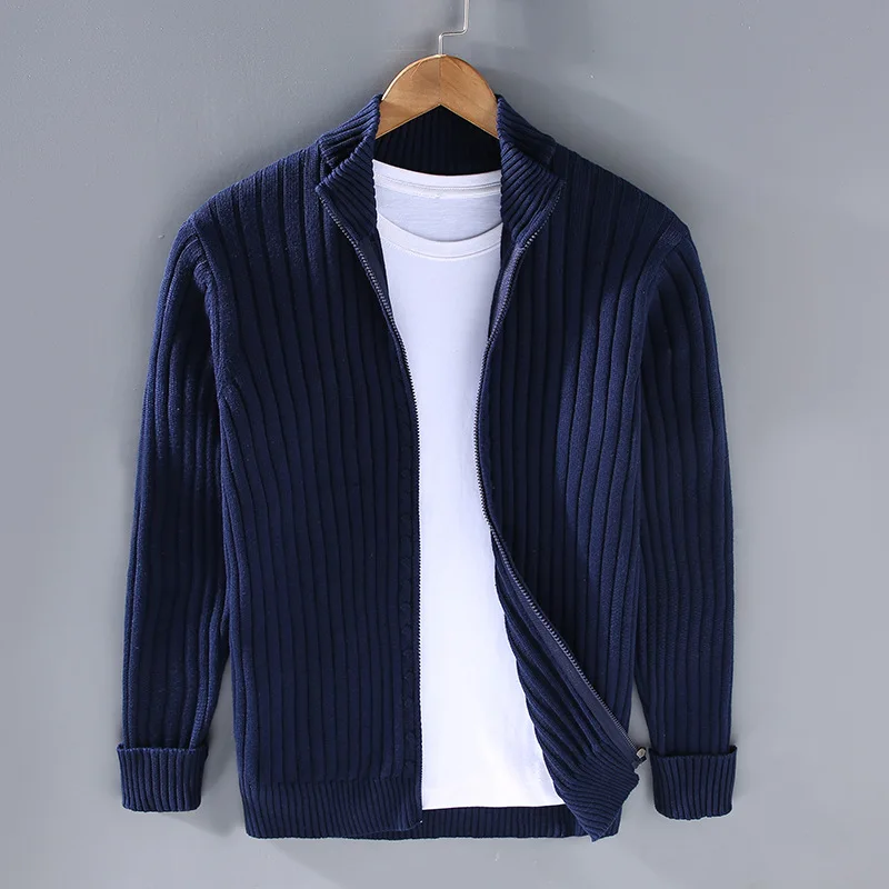 Men's Ribbed Knit Cardigan with Open Front and Fold-Over Collar