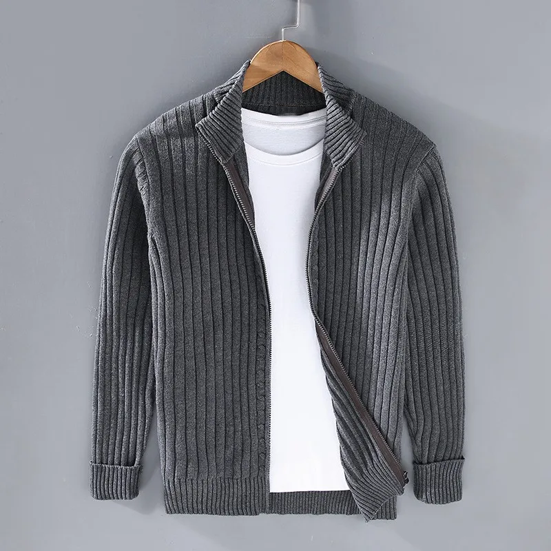 Men's Ribbed Knit Cardigan with Open Front and Fold-Over Collar