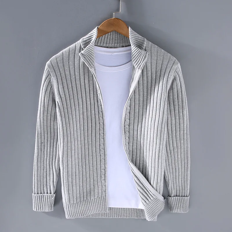 Men's Ribbed Knit Cardigan with Open Front and Fold-Over Collar