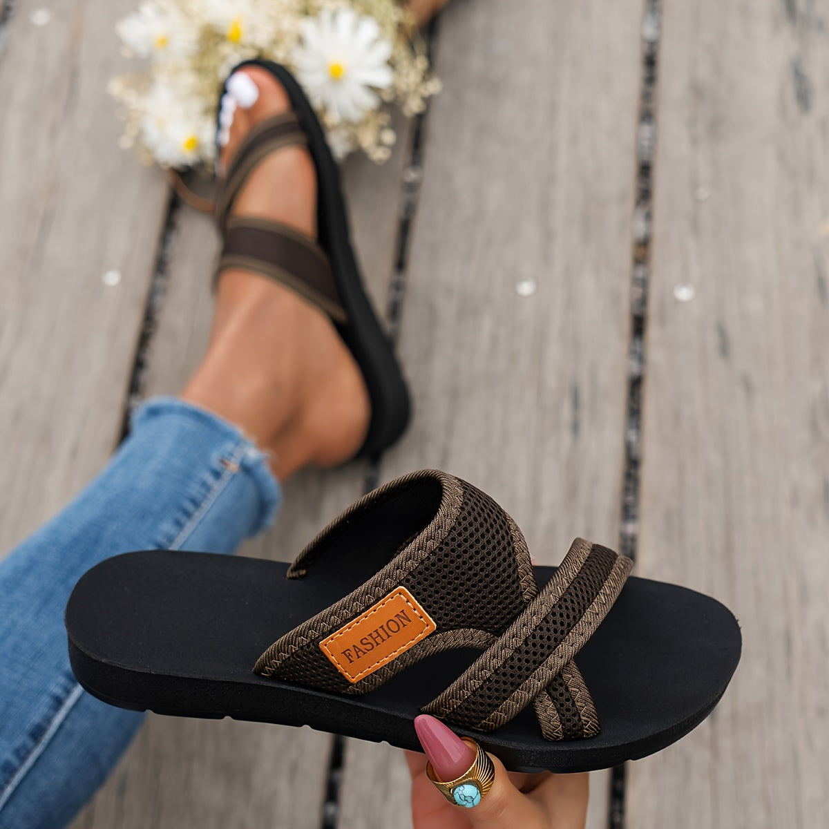 Women's Criss-Cross Mesh Strap Slip-On Sandals with Thick Sole