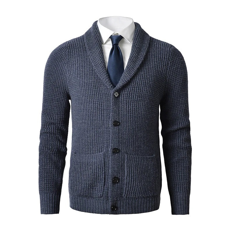 Men's Button-Up Knit Cardigan with Shawl Collar and Front Pockets