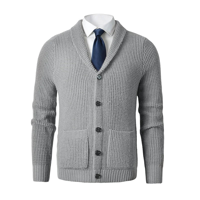 Men's Button-Up Knit Cardigan with Shawl Collar and Front Pockets