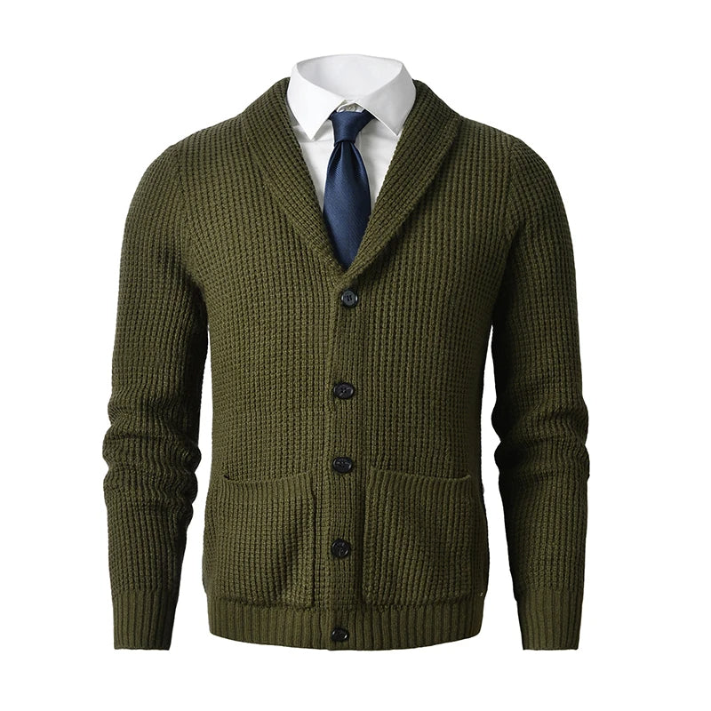Men's Button-Up Knit Cardigan with Shawl Collar and Front Pockets