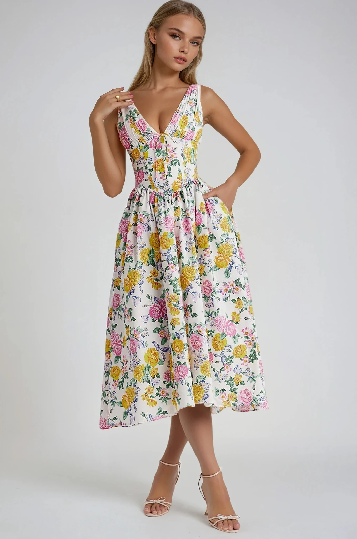 Women's Floral Corset Midi Dress with V-Neck and Full Skirt