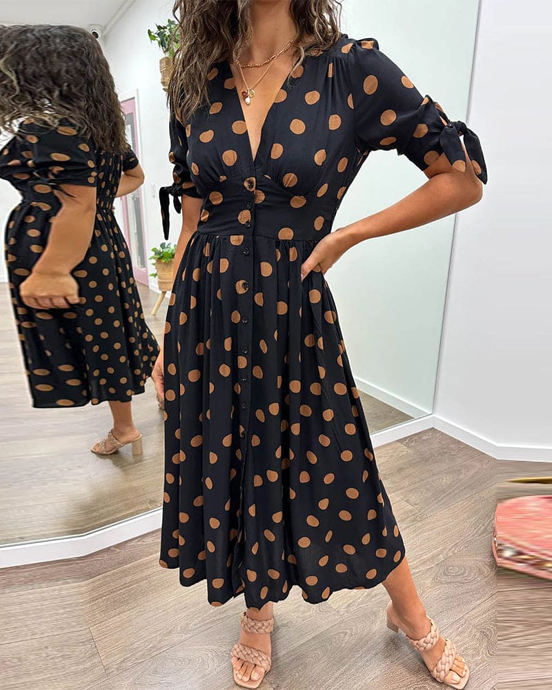 Women's Black Polka-Dot Dress with Tie Sleeves and Button Detail