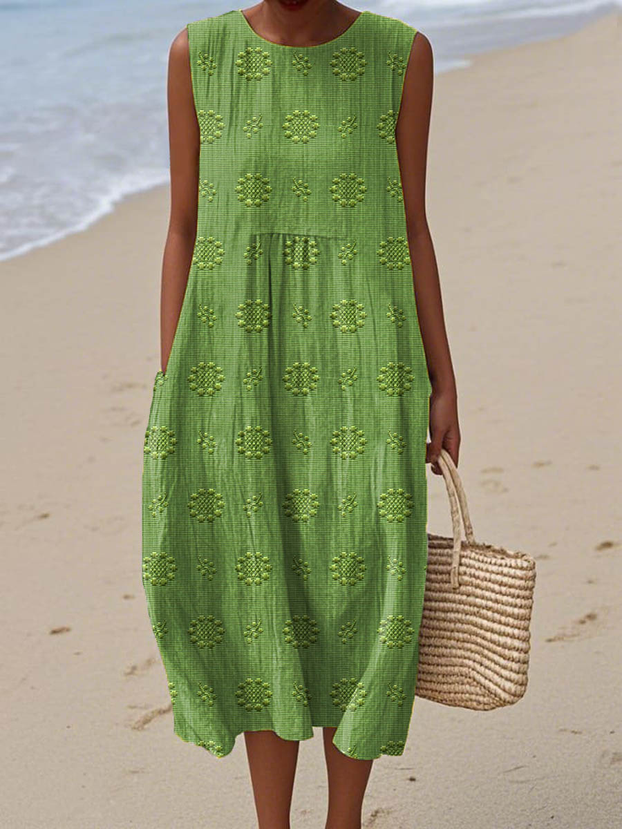 Women's Sleeveless Embroidered Midi Dress with Relaxed Fit