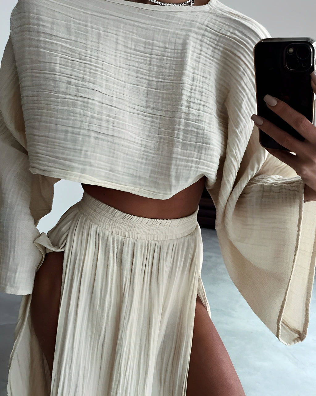 Women's Two-Piece Maxi Skirt Set with Slit and Flowy Crop Top