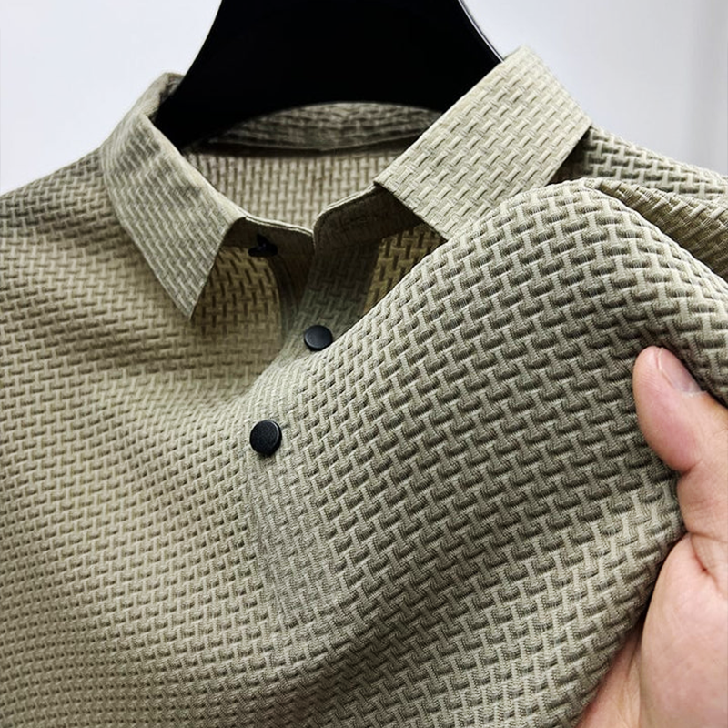 Men's Textured Short Sleeve Polo Shirt with Modern Button Detail
